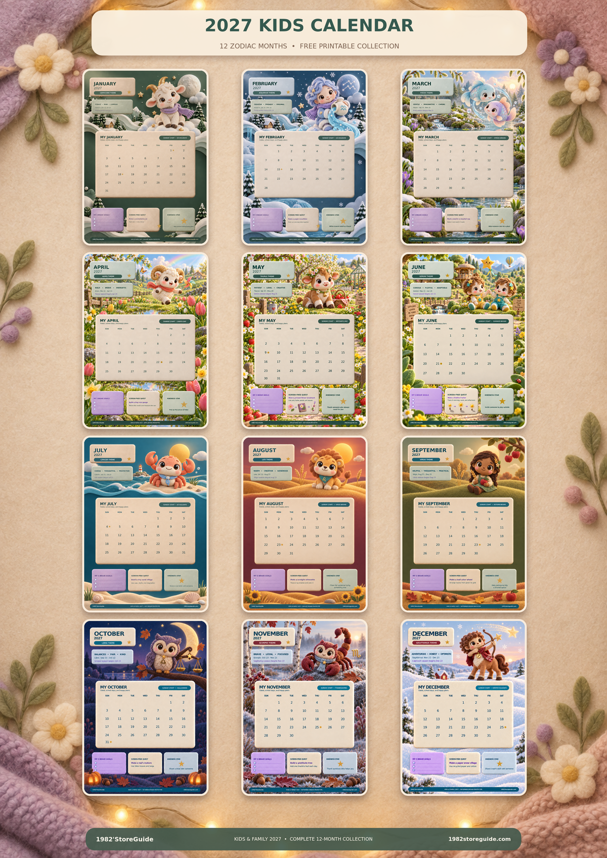 Free printable 2027 kids zodiac calendar featuring 12 colorful 3D monthly designs by 1982'StoreGuide