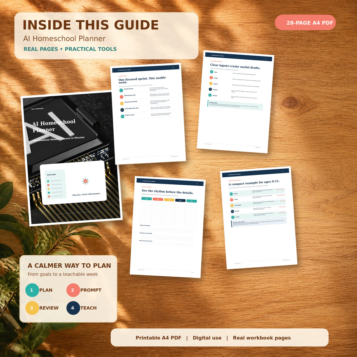 Interior preview of the AI Homeschool Planner showing the 15-minute planning workflow, five-part AI prompt method, weekly overview worksheet, and worked homeschool lesson example.