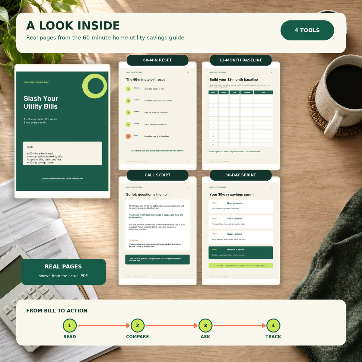 Slash Your Utility Bills guide preview showing the real cover and actual PDF pages for a 60-minute bill reset, 12-month baseline, provider call script, and 30-day savings sprint.