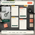 Small Keywords Big Wins workbook preview showing the actual cover and real PDF pages for keyword discovery, priority scoring, and a 14-day SEO sprint.