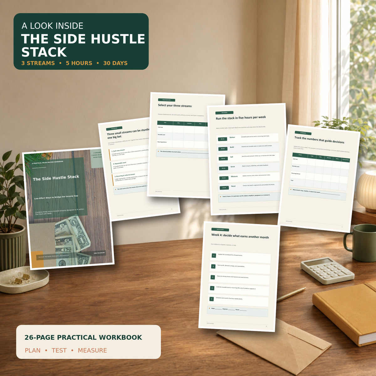 The Side Hustle Stack workbook preview showing the real cover and interior pages for planning three micro-income streams and a five-hour weekly schedule.