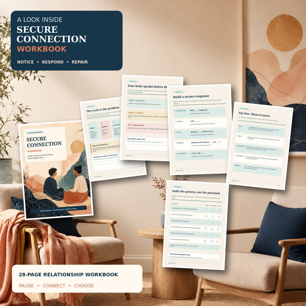Secure Connection Workbook preview showing the real cover and interior exercises for recognizing attachment patterns, building secure responses, setting boundaries, and evaluating relationship consistency.