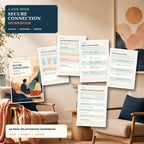 Secure Connection Workbook preview showing the real cover and interior exercises for recognizing attachment patterns, building secure responses, setting boundaries, and evaluating relationship consistency.