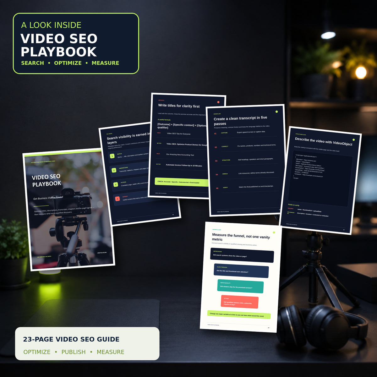 Video SEO Playbook preview showing the real cover and interior pages about search visibility, video titles, transcripts, structured data, and performance measurement.