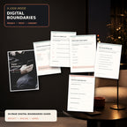 Digital Boundaries guide preview showing the real cover and interior worksheets for privacy, social media visibility, online flirting, account safety, and couple agreements.