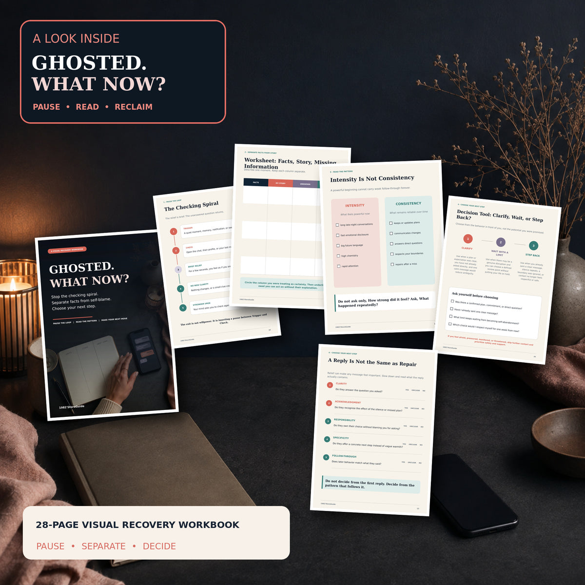 Ghosted: What Now? workbook preview showing the real cover and interior tools for stopping the checking spiral, separating facts from self-blame, reading relationship patterns, and choosing the next step.