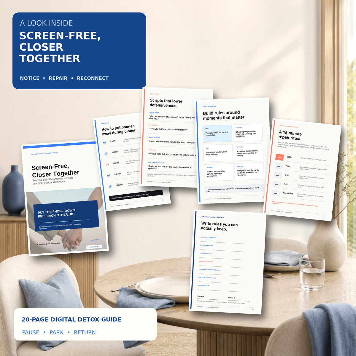 Screen-Free, Closer Together guide preview showing the real cover and practical pages for phone-free dinners, calmer scripts, digital boundaries, relationship repair, and a printable couple agreement.