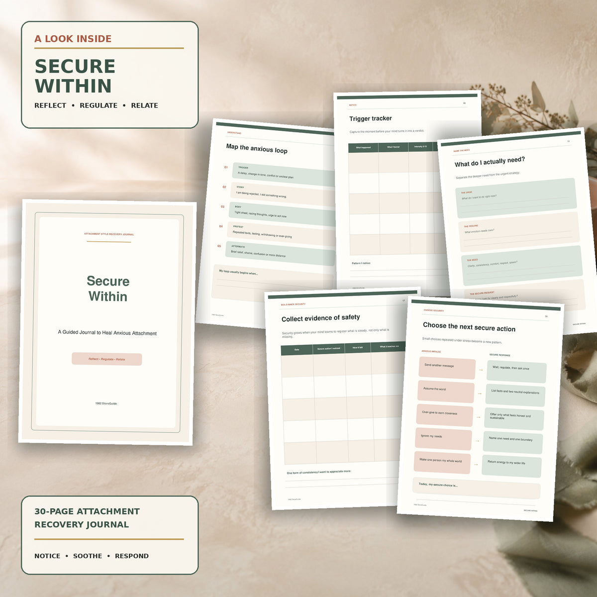 Secure Within attachment recovery journal preview with cover, reflection worksheets, trigger tracker, and secure action exercises
