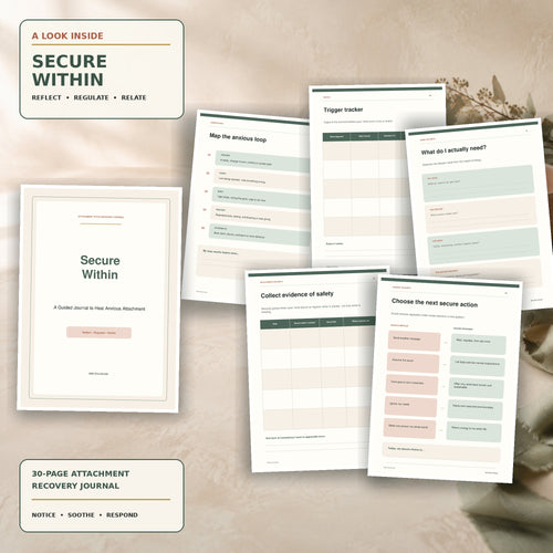 Secure Within attachment recovery journal preview with cover, reflection worksheets, trigger tracker, and secure action exercises