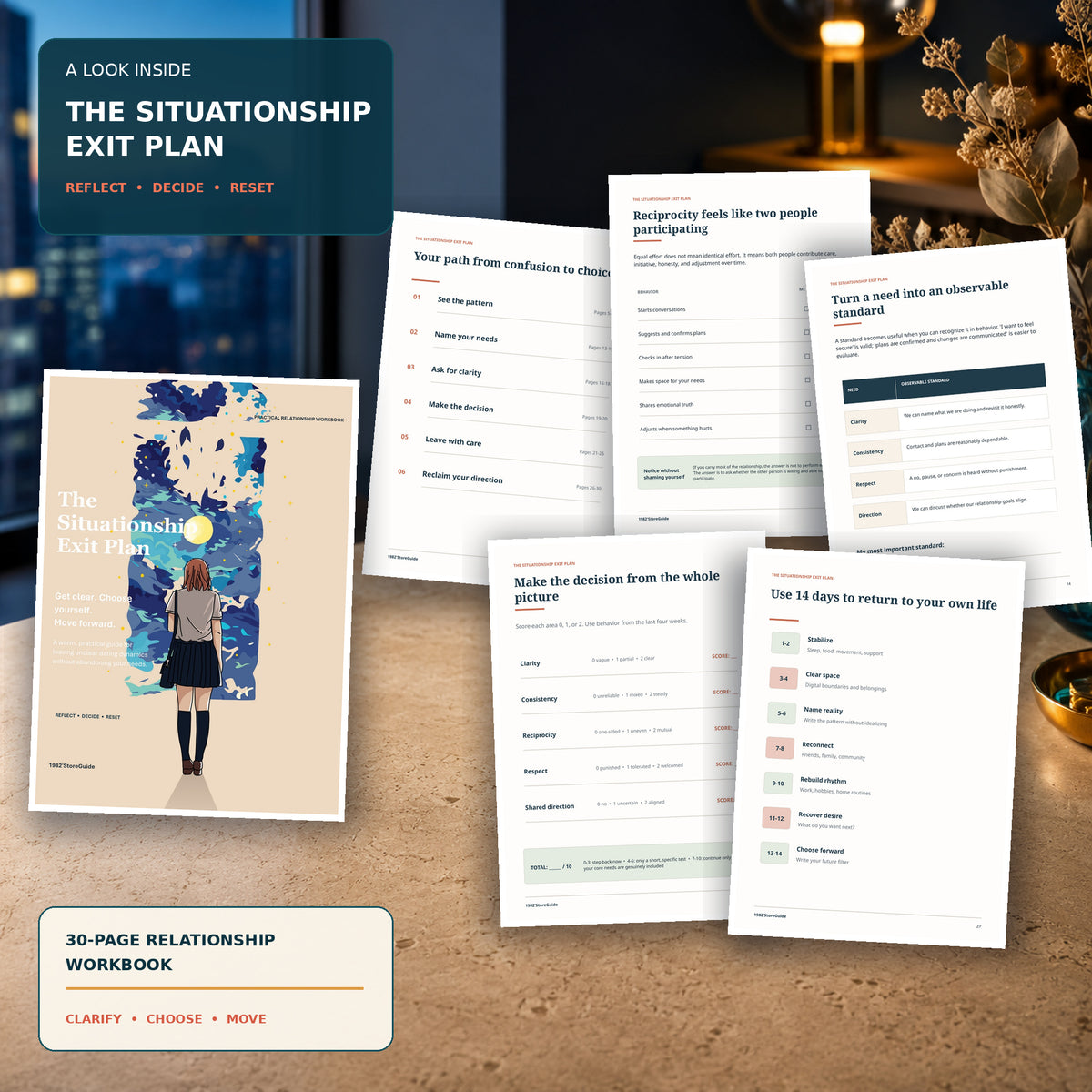 The Situationship Exit Plan relationship workbook preview with decision tools, reciprocity checklist, and 14-day recovery plan