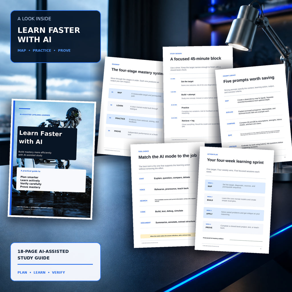 Learn Faster with AI study guide preview showing mastery steps, AI prompts, learning tools, and a four-week study plan