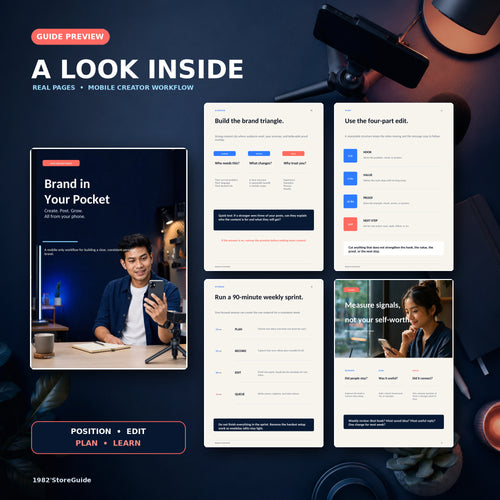 Brand in Your Pocket mobile personal branding guide preview showing the real cover and interior pages for positioning, editing, weekly planning, and content performance.
