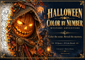 Halloween Color by Number Mystery Adventure printable coloring book cover with a glowing pumpkin character and autumn fantasy scene