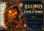 Halloween Color by Number Mystery Adventure printable coloring book cover with a glowing pumpkin character and autumn fantasy scene