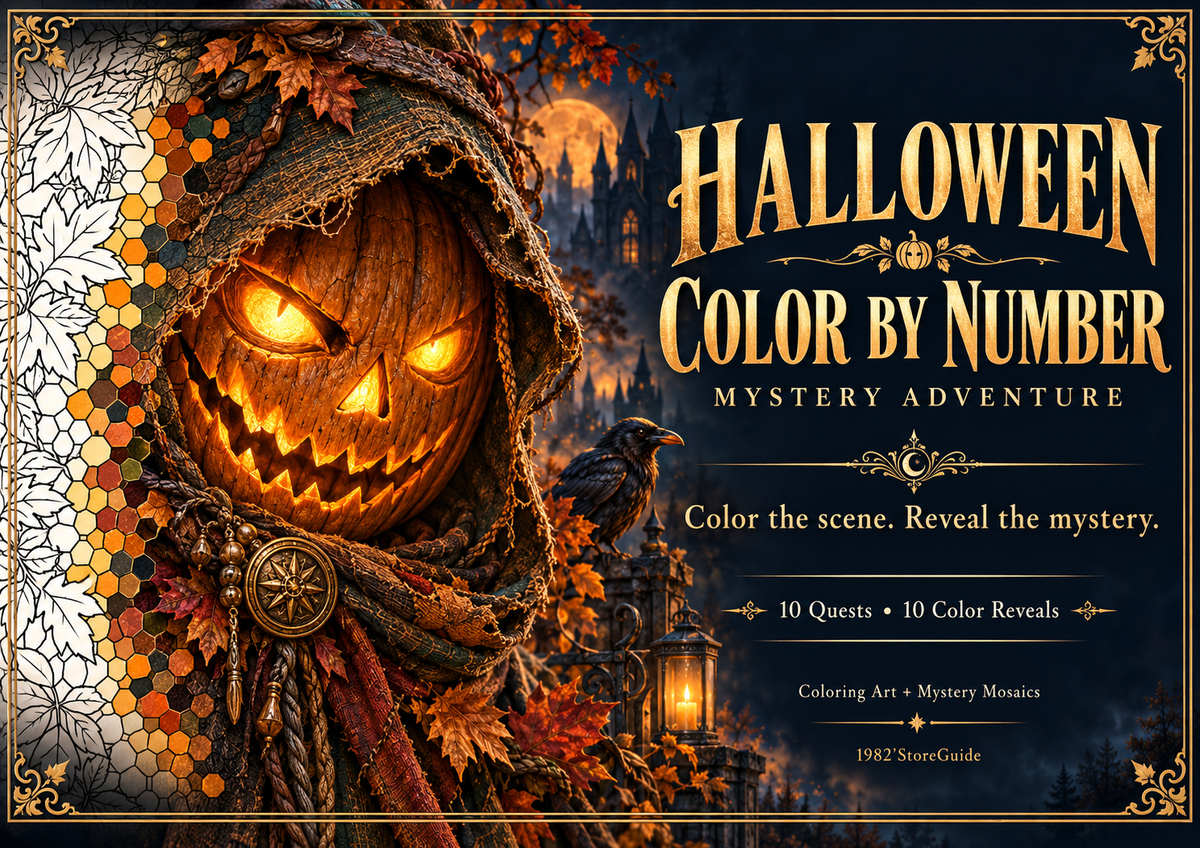 Halloween Color by Number Mystery Adventure printable coloring book cover with a glowing pumpkin character and autumn fantasy scene