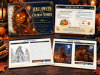 Halloween Color by Number Mystery Adventure preview showing the cover, How to Play page, Harvest Demon coloring quest and completed mystery mosaic