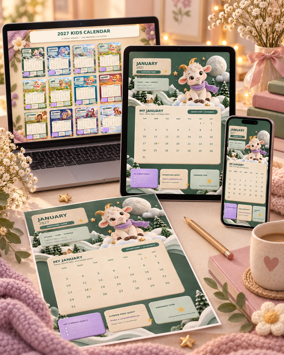 Free 2027 kids zodiac calendar shown on a laptop, iPad, smartphone and printed A4 page