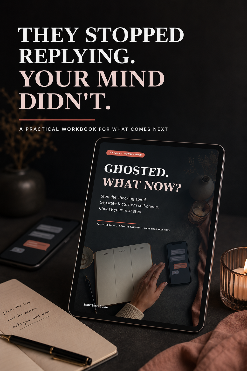 Ghosted. What Now? visual recovery workbook displayed on a tablet with a relationship clarity message and reflective journaling scene.
