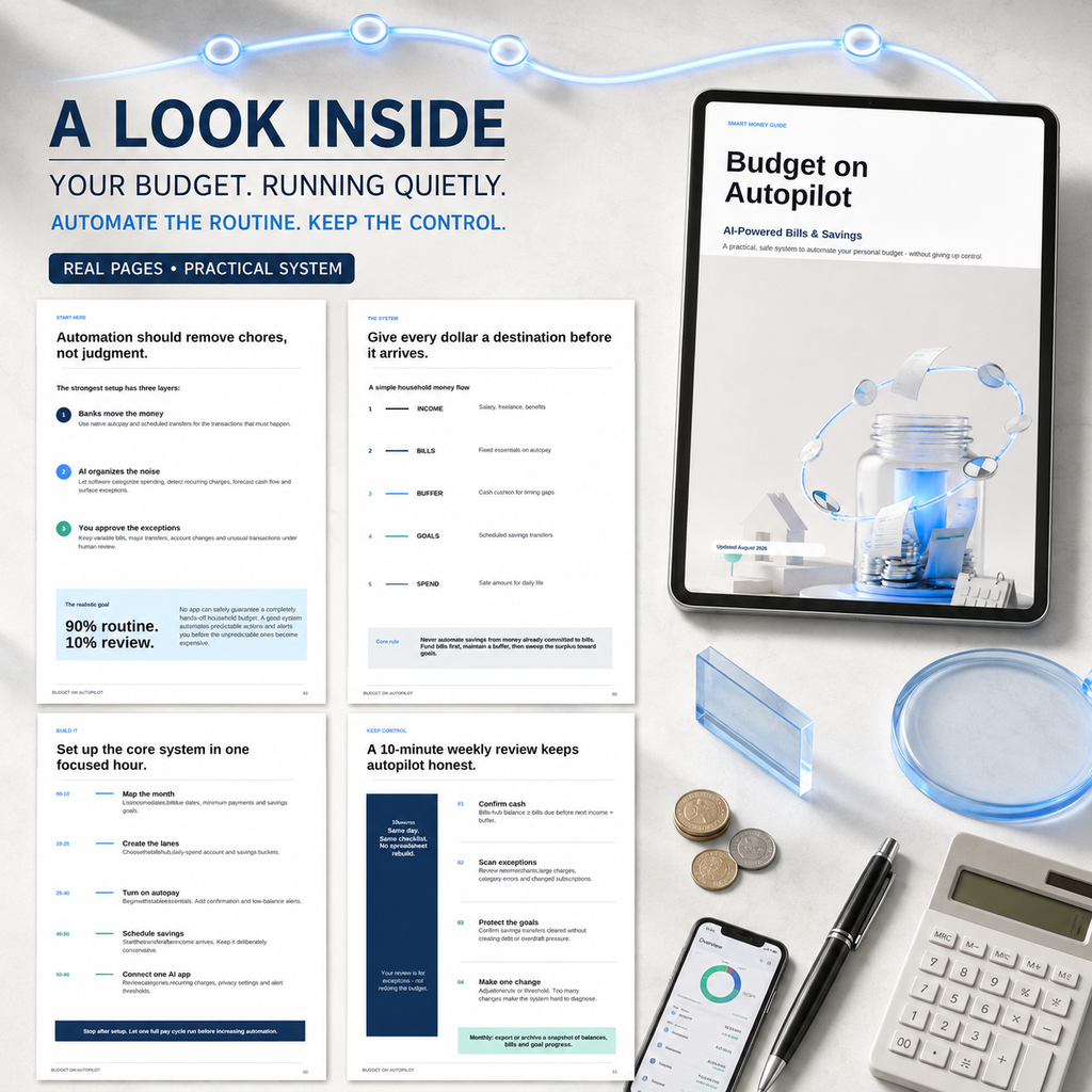 Budget on Autopilot guide preview showing the real cover and four workbook pages about automated budgeting, money allocation, one-hour setup, and weekly financial reviews.