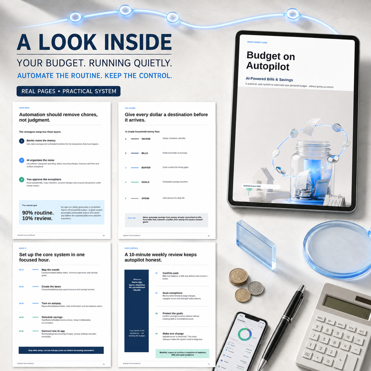 Budget on Autopilot guide preview showing the real cover and four workbook pages about automated budgeting, money allocation, one-hour setup, and weekly financial reviews.