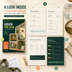 Green for Less guide preview showing the new cover and four real interior pages about reducing waste, cutting standby power, using food already purchased, and following a four-week household habit plan.