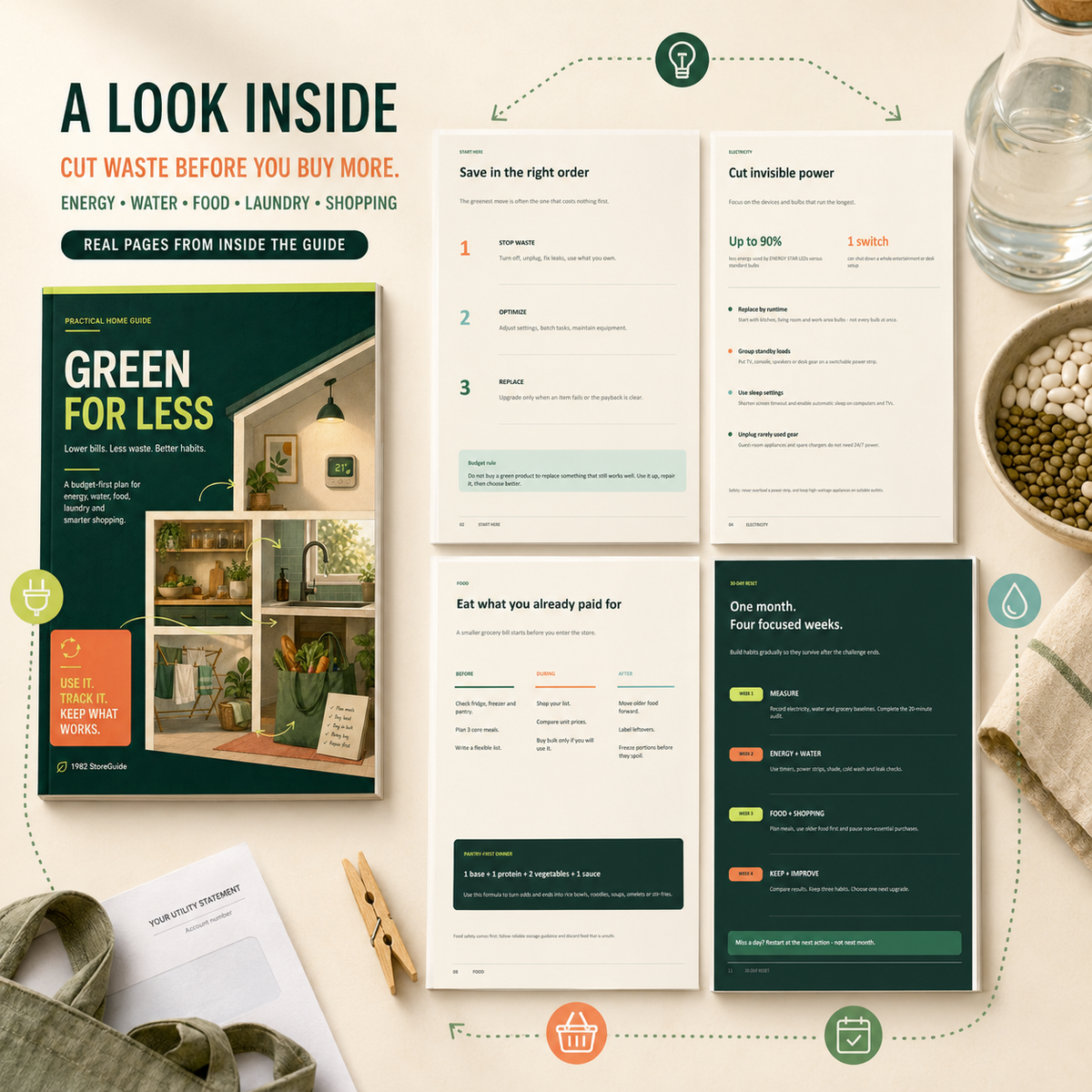 Green for Less guide preview showing the new cover and four real interior pages about reducing waste, cutting standby power, using food already purchased, and following a four-week household habit plan.