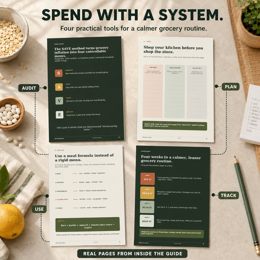 Inflation-Proof Your Pantry and Wallet preview showing four real interior pages with the SAVE method, pantry audit, flexible meal formula, and four-week grocery reset.