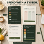 Inflation-Proof Your Pantry and Wallet preview showing four real interior pages with the SAVE method, pantry audit, flexible meal formula, and four-week grocery reset.