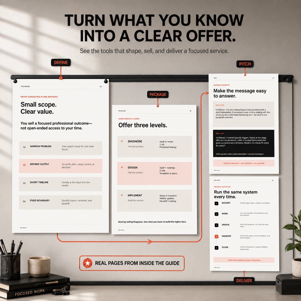 Micro-Consulting Skill Sprint preview showing four real interior pages about defining a focused service, building service tiers, writing outreach messages, and following a repeatable client delivery workflow.