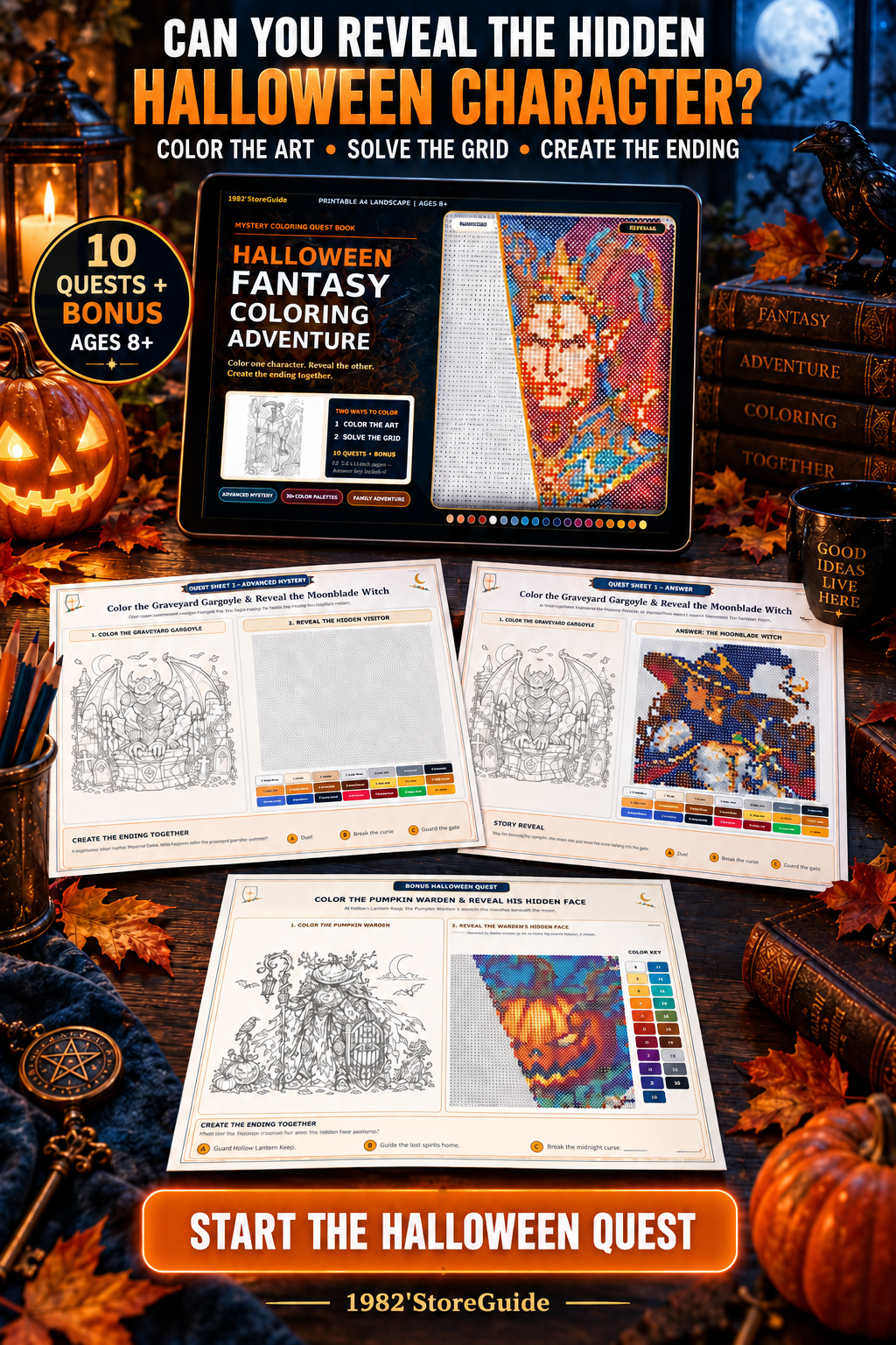 Halloween fantasy coloring adventure showing printable line art, mystery color-by-number grids, and revealed characters