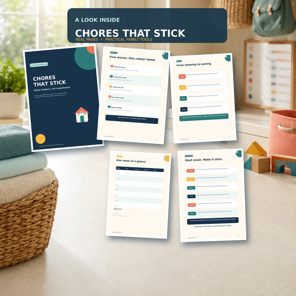 Inside preview of the Chores That Stick family contribution guide, featuring real worksheets, a weekly chore planner, teaching steps, and a 14-day reset plan.