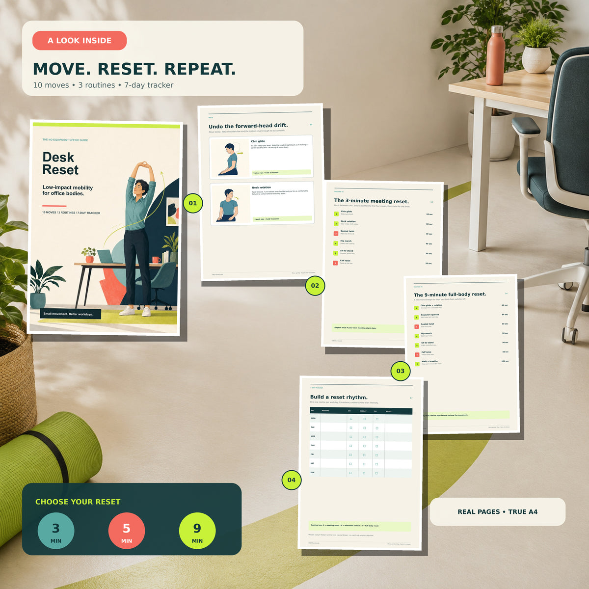 Desk Reset guide preview showing the real cover, illustrated neck mobility exercises, 3-minute and 9-minute office routines, and a printable 7-day movement tracker.