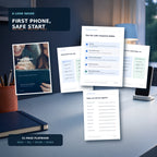 Inside preview of the First Phone, Safe Start digital safety playbook, featuring real pages about scams, trust, emergency response, and a printable parent-child phone contract.