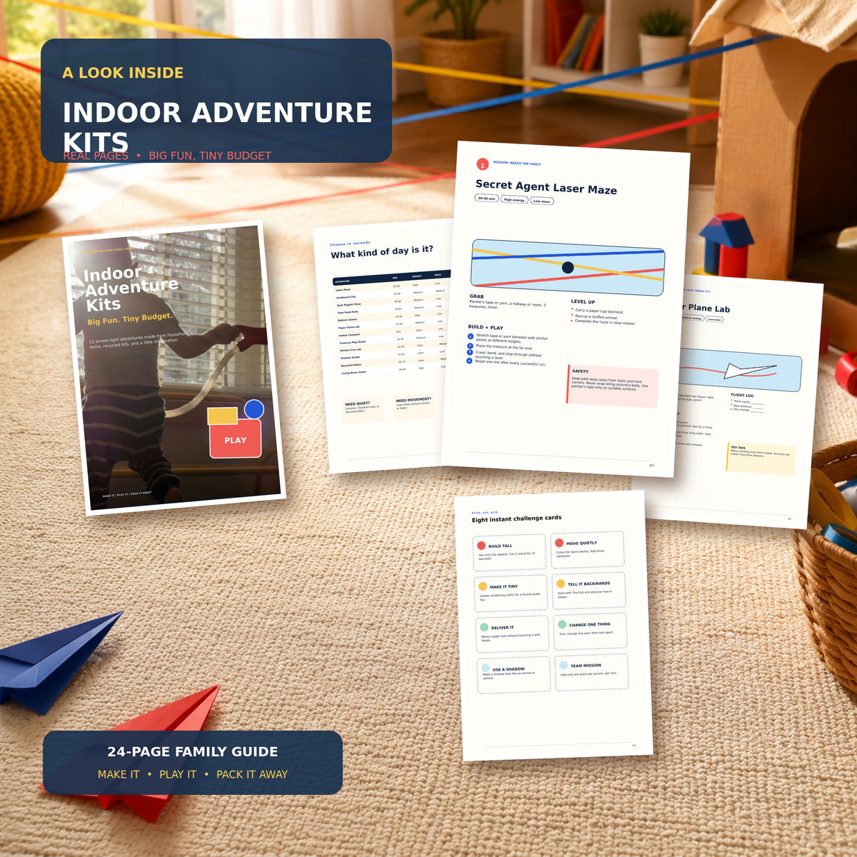 Inside preview of the Indoor Adventure Kits family guide, featuring real pages for a secret agent laser maze, paper plane lab, activity selector, and printable challenge cards.