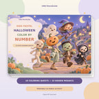 Kids Pastel Halloween Color by Number printable activity book cover with cute Halloween characters
