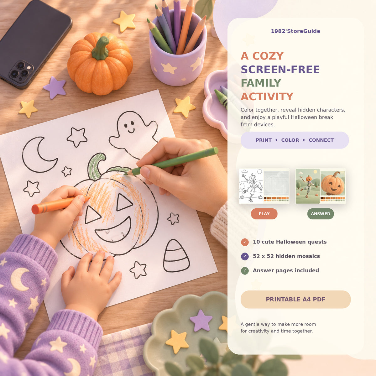 Parent and child enjoying a screen-free Halloween color-by-number printable family activity