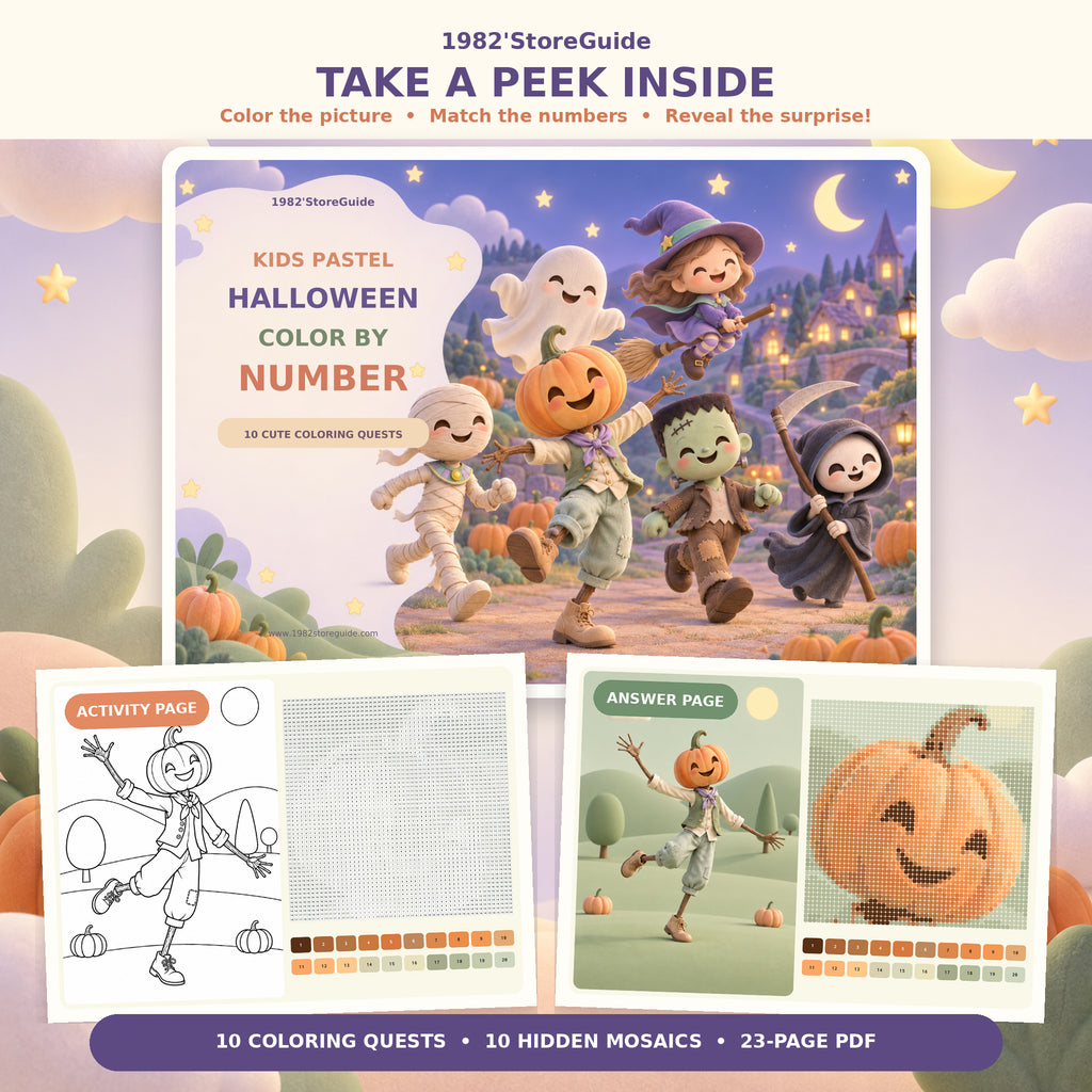 Kids Pastel Halloween Color by Number printable showing the cover, activity page, hidden mosaic, and answer page