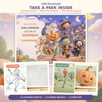 Kids Pastel Halloween Color by Number printable showing the cover, activity page, hidden mosaic, and answer page