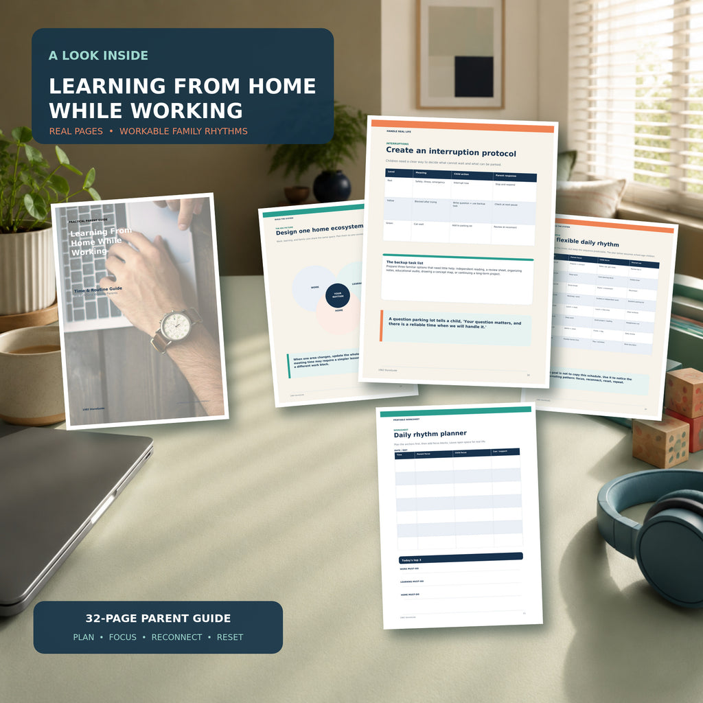 Inside preview of the Learning From Home While Working parent guide, featuring real pages for family routines, interruption planning, daily schedules, and a printable rhythm planner.