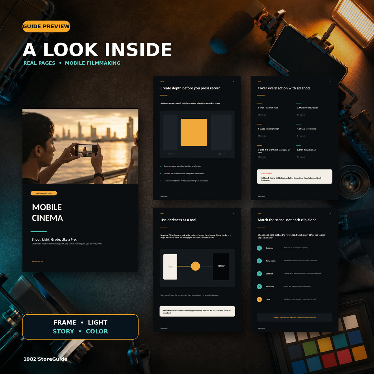 Mobile Cinema filmmaking guide preview showing the real cover and interior pages about framing, six-shot storytelling, lighting control, and mobile color grading.