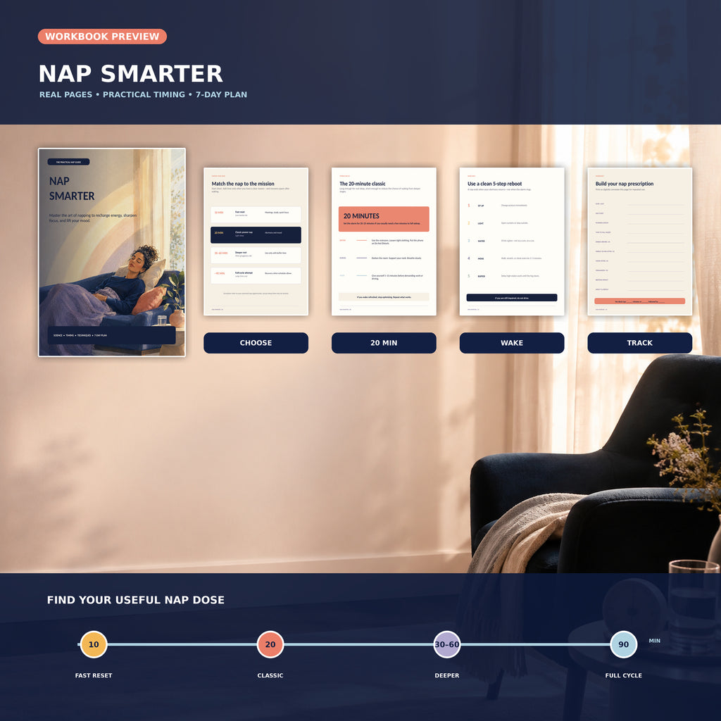 Nap Smarter workbook preview showing the real cover and interior pages for choosing nap length, taking a 20-minute nap, using a five-step wake-up routine, and tracking results.