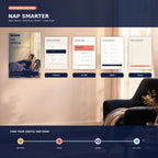 Nap Smarter workbook preview showing the real cover and interior pages for choosing nap length, taking a 20-minute nap, using a five-step wake-up routine, and tracking results.