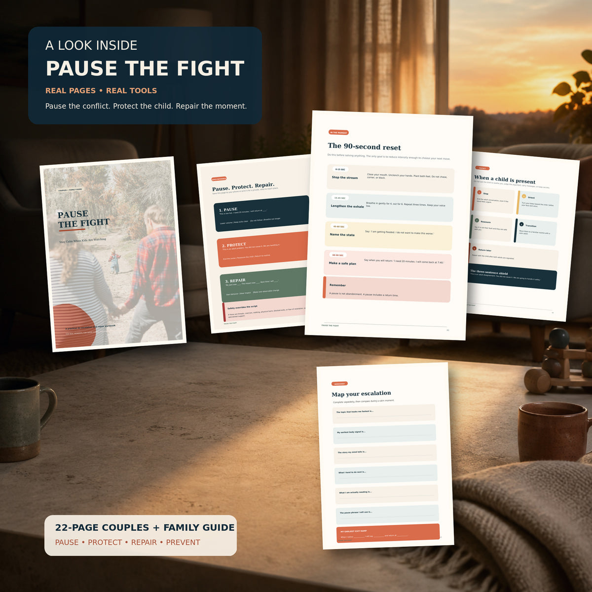 Inside preview of the Pause the Fight couples and family workbook, featuring real pages for a 90-second reset, protecting children during conflict, mapping escalation, and repairing after arguments.