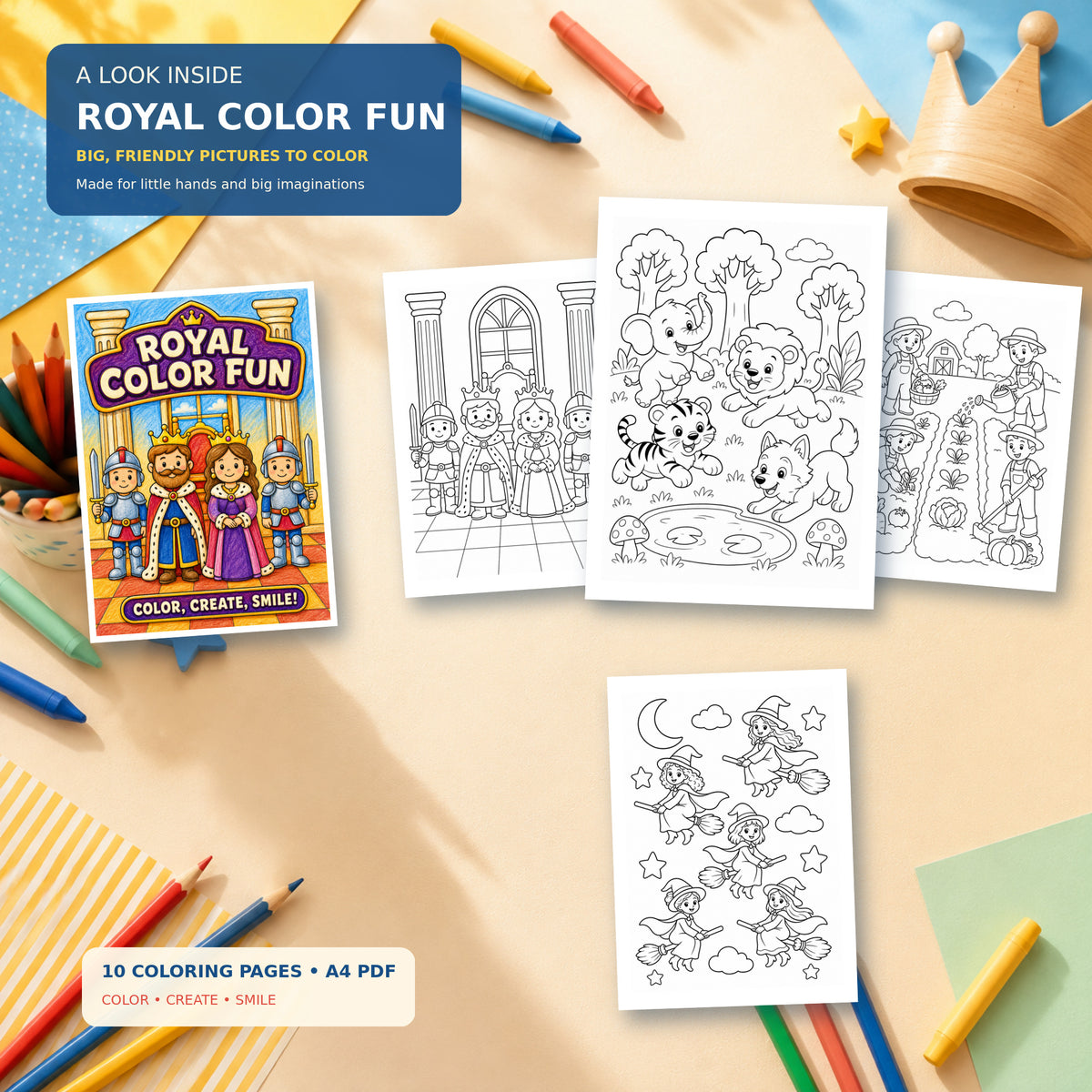 Inside preview of the Royal Color Fun printable coloring book, featuring 10 A4 coloring pages with royal characters, friendly animals, gardening scenes, and playful witches for young children.