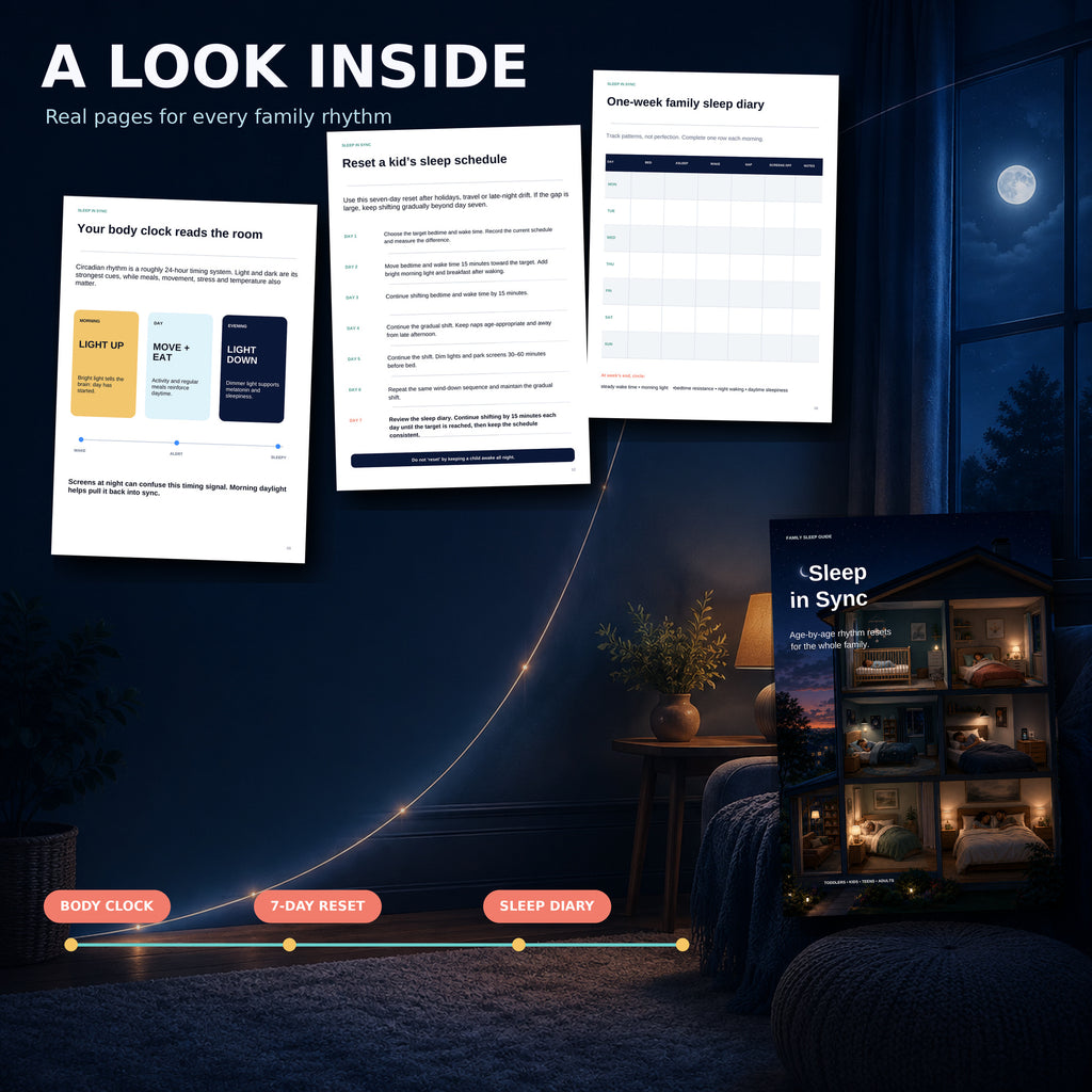 Sleep in Sync family sleep guide preview showing the real cover, body clock guidance, a 7-day sleep schedule reset, and a printable one-week family sleep diary.