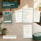 Inside preview of the Solo Parenting Simplified practical workbook, featuring a priority filter, household command center, realistic weekly planner, and 14-day home reset.