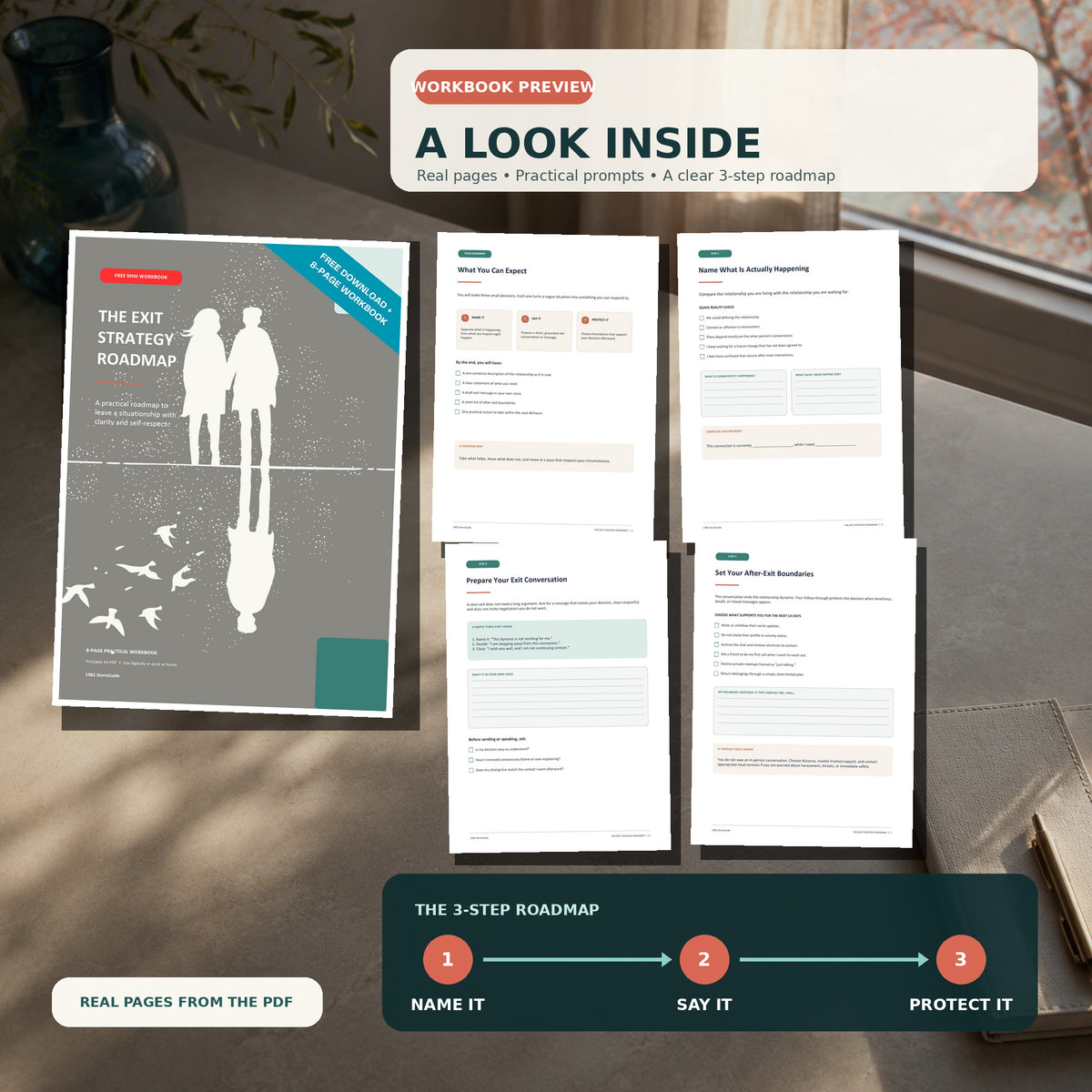 Phone Light Big Screen guide preview showing the real cover and interior pages for window lighting, moody side light, product lighting, and a phone-first filming routine.