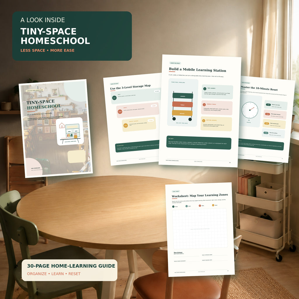 Inside preview of the Tiny-Space Homeschool guide, featuring a mobile learning station, three-level storage system, 10-minute reset, and learning-zone planning worksheet for small homes.
