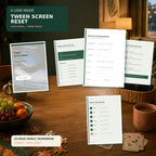 Inside preview of the Tween Screen Reset family workbook, featuring collaborative screen-time conversations, a family agreement worksheet, healthier phone-habit strategies, and a 14-day reset plan.