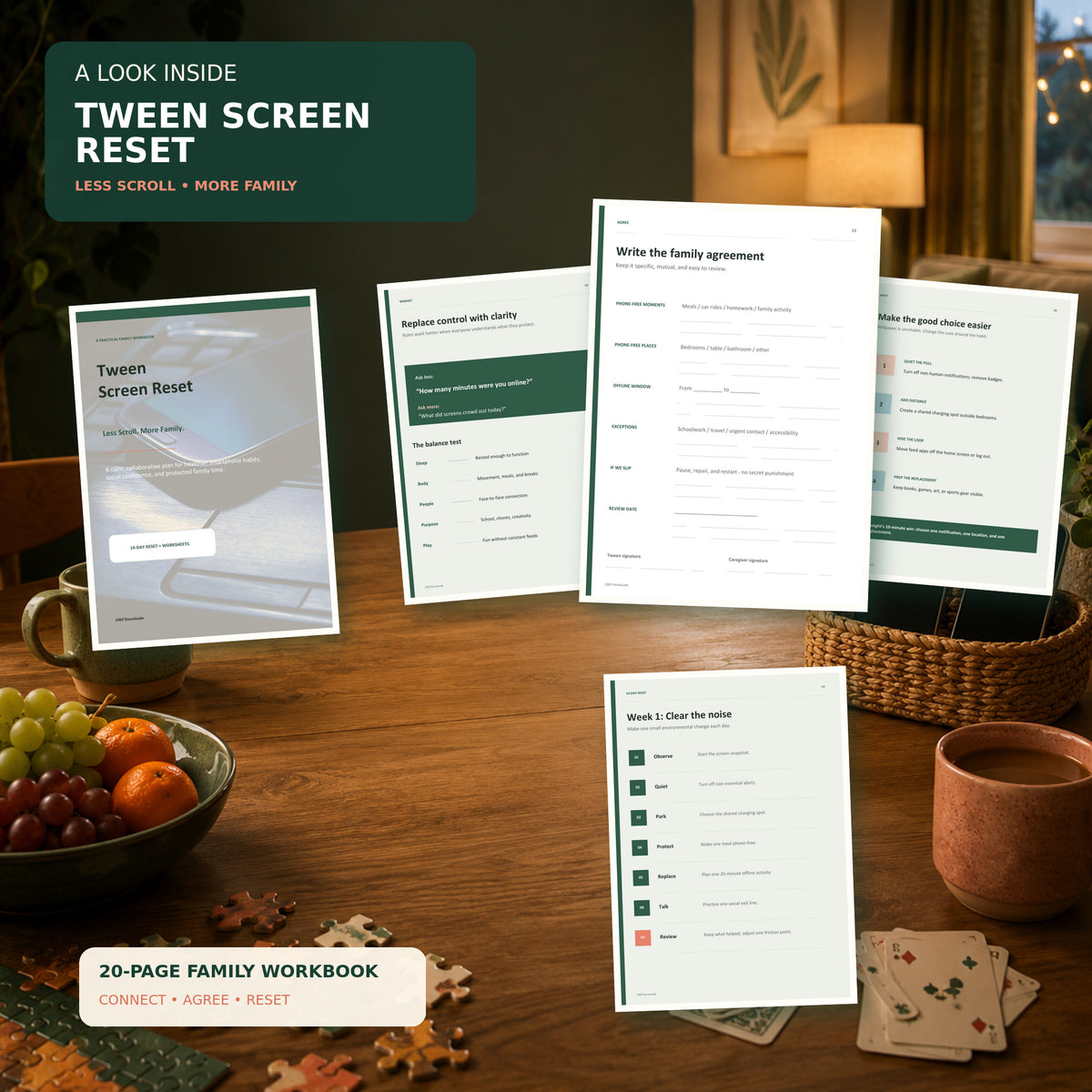 Inside preview of the Tween Screen Reset family workbook, featuring collaborative screen-time conversations, a family agreement worksheet, healthier phone-habit strategies, and a 14-day reset plan.